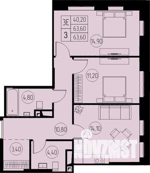 3-к квартира, строящийся дом, 64м2, 14/23 этаж