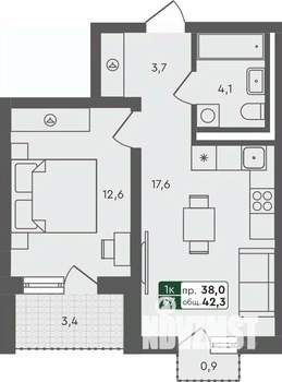 1-к квартира, строящийся дом, 42м2, 4/4 этаж