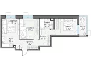 3-к квартира, строящийся дом, 55м2, 14/14 этаж