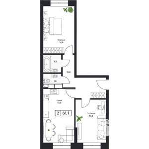 2-к квартира, вторичка, 61м2, 3/13 этаж