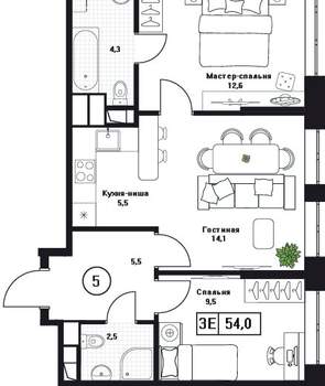 2-к квартира, вторичка, 54м2, 6/17 этаж