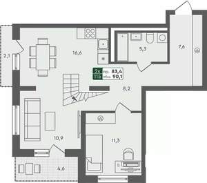 2-к квартира, строящийся дом, 90м2, 4/4 этаж