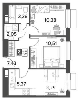 2-к квартира, строящийся дом, 48м2, 4/15 этаж