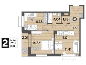 2-к квартира, строящийся дом, 61м2, 5/15 этаж