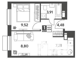 1-к квартира, строящийся дом, 34м2, 2/15 этаж