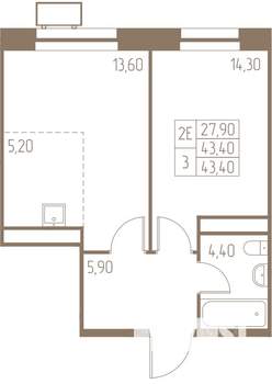 2-к квартира, строящийся дом, 43м2, 14/25 этаж