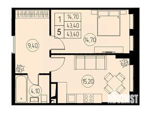 1-к квартира, строящийся дом, 43м2, 5/23 этаж