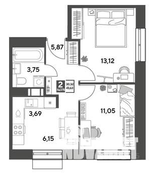 2-к квартира, строящийся дом, 44м2, 2/15 этаж