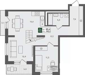 2-к квартира, строящийся дом, 90м2, 4/4 этаж