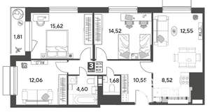 3-к квартира, строящийся дом, 82м2, 12/15 этаж