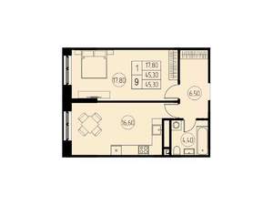 1-к квартира, строящийся дом, 45м2, 14/18 этаж