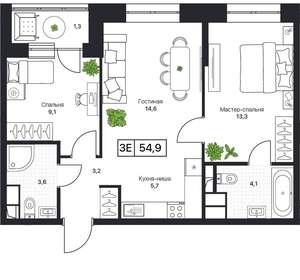 2-к квартира, вторичка, 55м2, 7/17 этаж