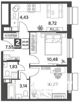 2-к квартира, строящийся дом, 46м2, 8/12 этаж