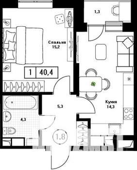 1-к квартира, вторичка, 40м2, 5/13 этаж