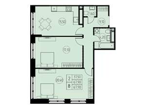 2-к квартира, строящийся дом, 68м2, 3/18 этаж