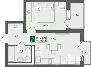 1-к квартира, строящийся дом, 43м2, 4/4 этаж