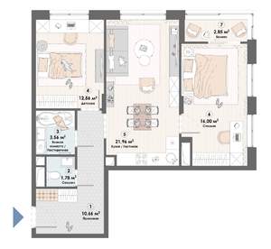 3-к квартира, строящийся дом, 69м2, 18/23 этаж