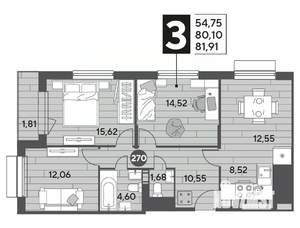 3-к квартира, строящийся дом, 82м2, 2/15 этаж