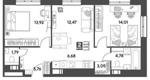 2-к квартира, строящийся дом, 62м2, 4/15 этаж