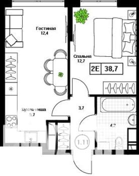 1-к квартира, вторичка, 39м2, 7/17 этаж