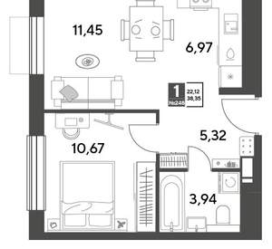 1-к квартира, строящийся дом, 38м2, 14/15 этаж