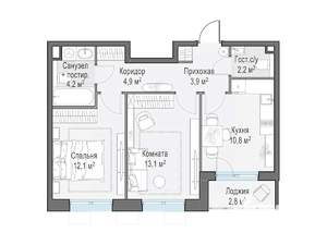 2-к квартира, строящийся дом, 53м2, 2/13 этаж