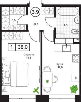 1-к квартира, вторичка, 38м2, 5/17 этаж