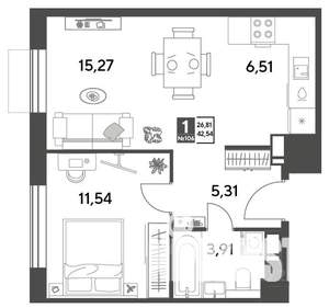 1-к квартира, строящийся дом, 43м2, 2/15 этаж