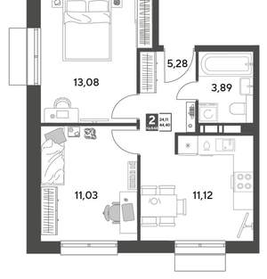 2-к квартира, строящийся дом, 44м2, 5/15 этаж