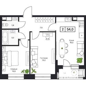 2-к квартира, вторичка, 54м2, 4/17 этаж