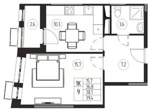1-к квартира, вторичка, 38м2, 7/21 этаж