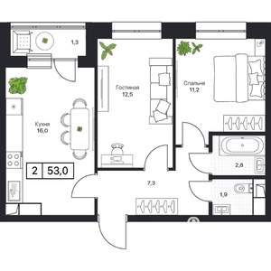 2-к квартира, вторичка, 53м2, 2/17 этаж