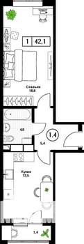 1-к квартира, вторичка, 42м2, 4/13 этаж