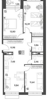 3-к квартира, строящийся дом, 78м2, 13/15 этаж