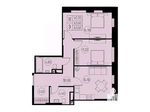 3-к квартира, строящийся дом, 64м2, 12/23 этаж