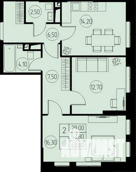 2-к квартира, строящийся дом, 64м2, 21/23 этаж