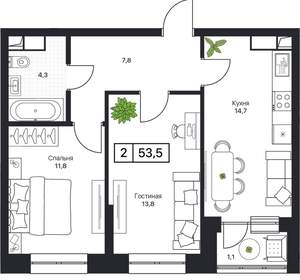 2-к квартира, вторичка, 54м2, 3/17 этаж