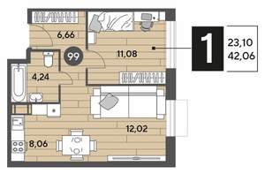 1-к квартира, вторичка, 42м2, 7/15 этаж