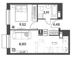 1-к квартира, строящийся дом, 34м2, 10/15 этаж