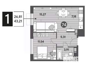 1-к квартира, строящийся дом, 43м2, 4/12 этаж