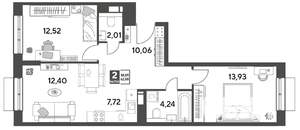 2-к квартира, строящийся дом, 63м2, 13/14 этаж
