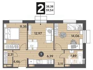 2-к квартира, строящийся дом, 60м2, 5/12 этаж