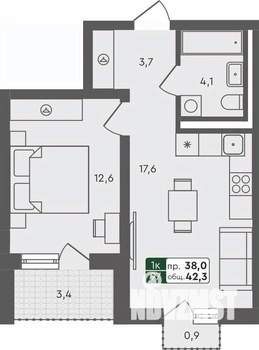 1-к квартира, строящийся дом, 42м2, 4/4 этаж