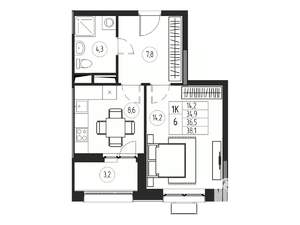 1-к квартира, вторичка, 37м2, 5/21 этаж