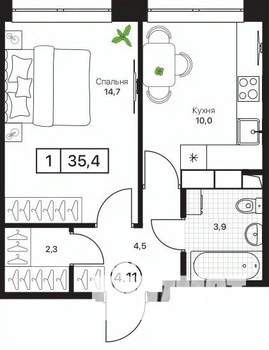 1-к квартира, вторичка, 35м2, 10/17 этаж
