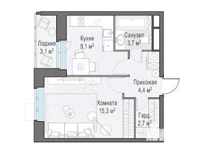 1-к квартира, строящийся дом, 37м2, 4/15 этаж