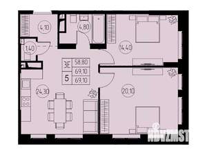 3-к квартира, строящийся дом, 69м2, 4/23 этаж
