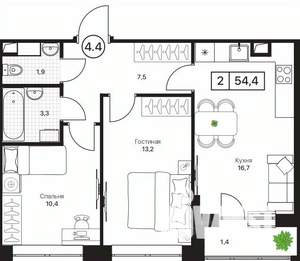 2-к квартира, вторичка, 54м2, 2/17 этаж