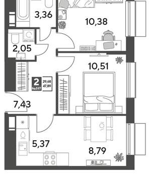 2-к квартира, строящийся дом, 48м2, 8/15 этаж
