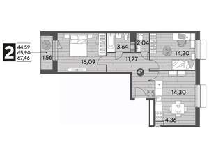 2-к квартира, строящийся дом, 67м2, 7/15 этаж